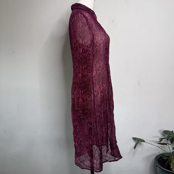 Vintage 90s TRIO Silk Fuchsia Snakeskin Button Front Sheer Midi Fairy Goth 4 - Picture 3 of 6